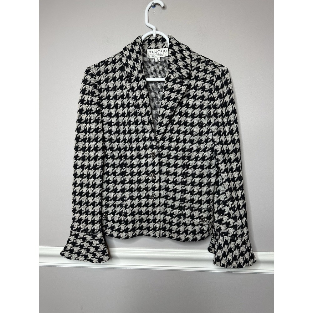 St John Herringbone Blazer  Women's Sz 2 Black‎ White VTG